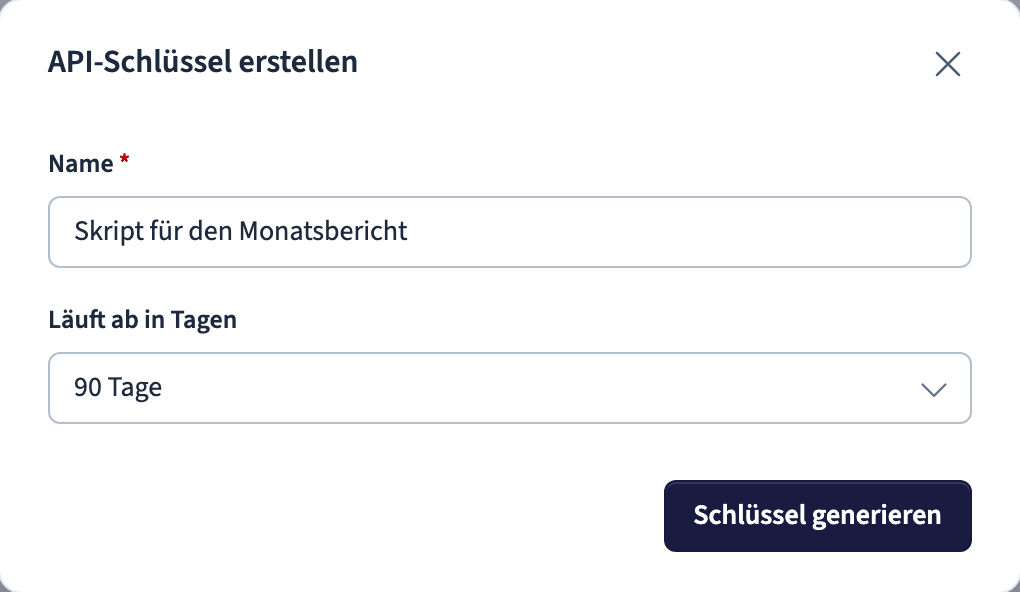 Dialog zum Erstellen eines API-Schlüssels mit Name und Ablaufdatum