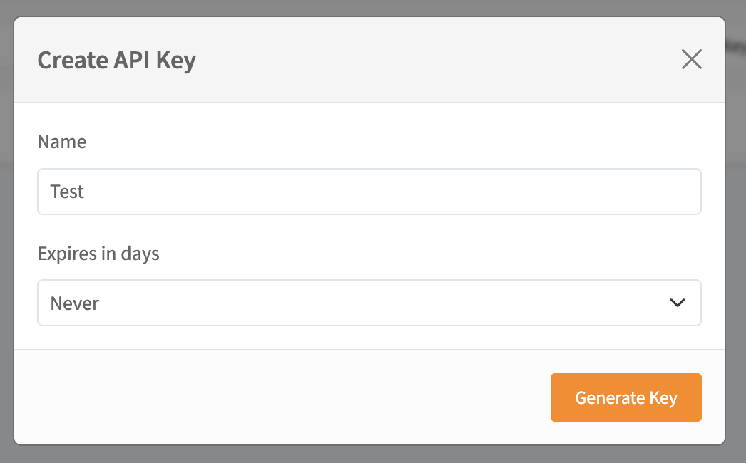Create API key dialog with name and expiry