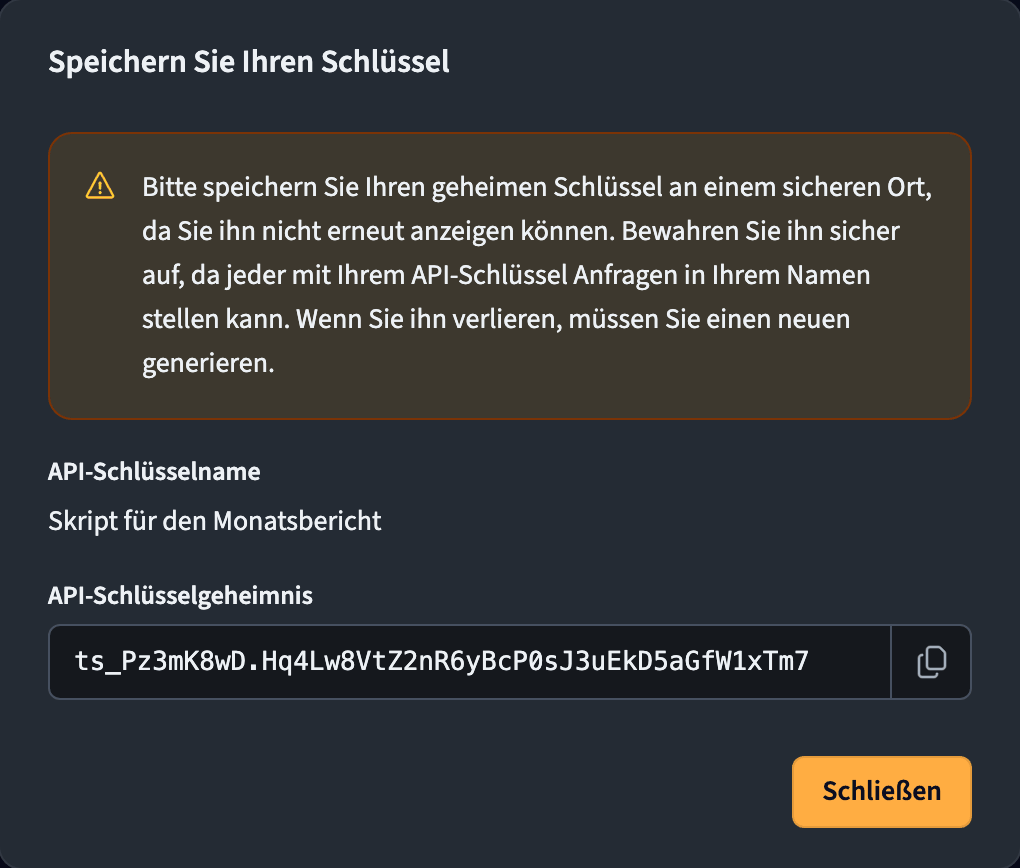 Generierter geheimer API-Schlüssel, einmalig angezeigt mit einer Kopierschaltfläche