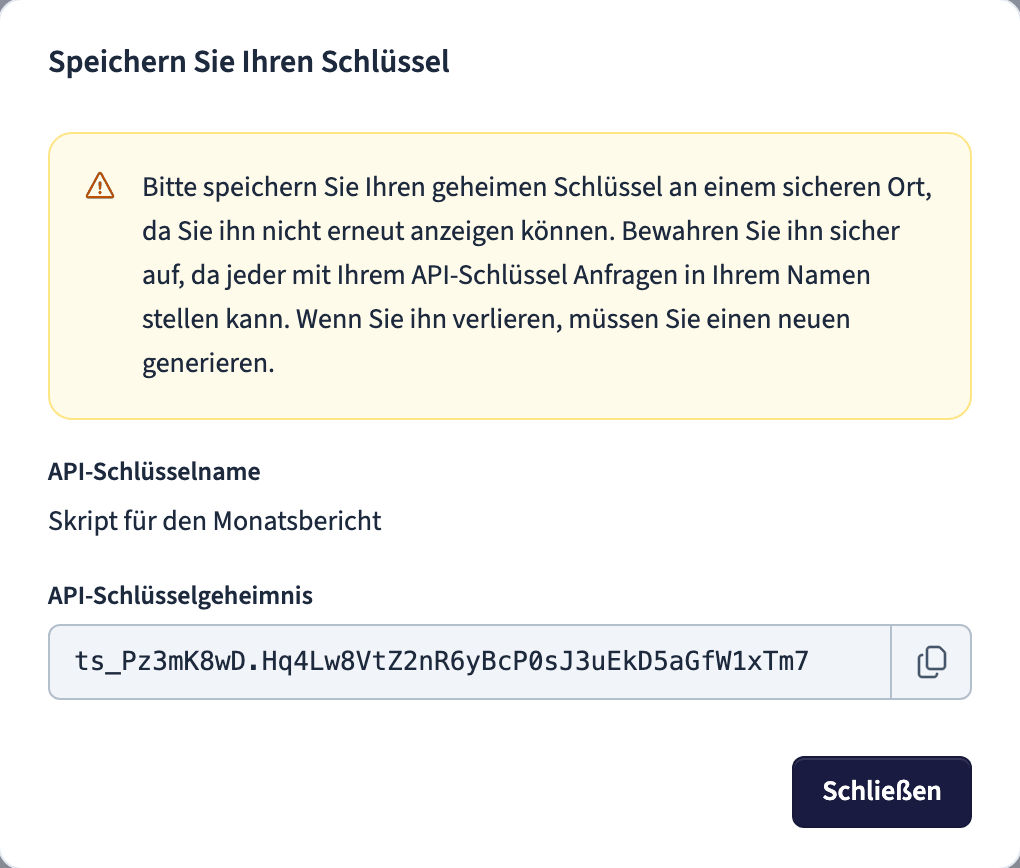 Generierter geheimer API-Schlüssel, einmalig angezeigt mit einer Kopierschaltfläche