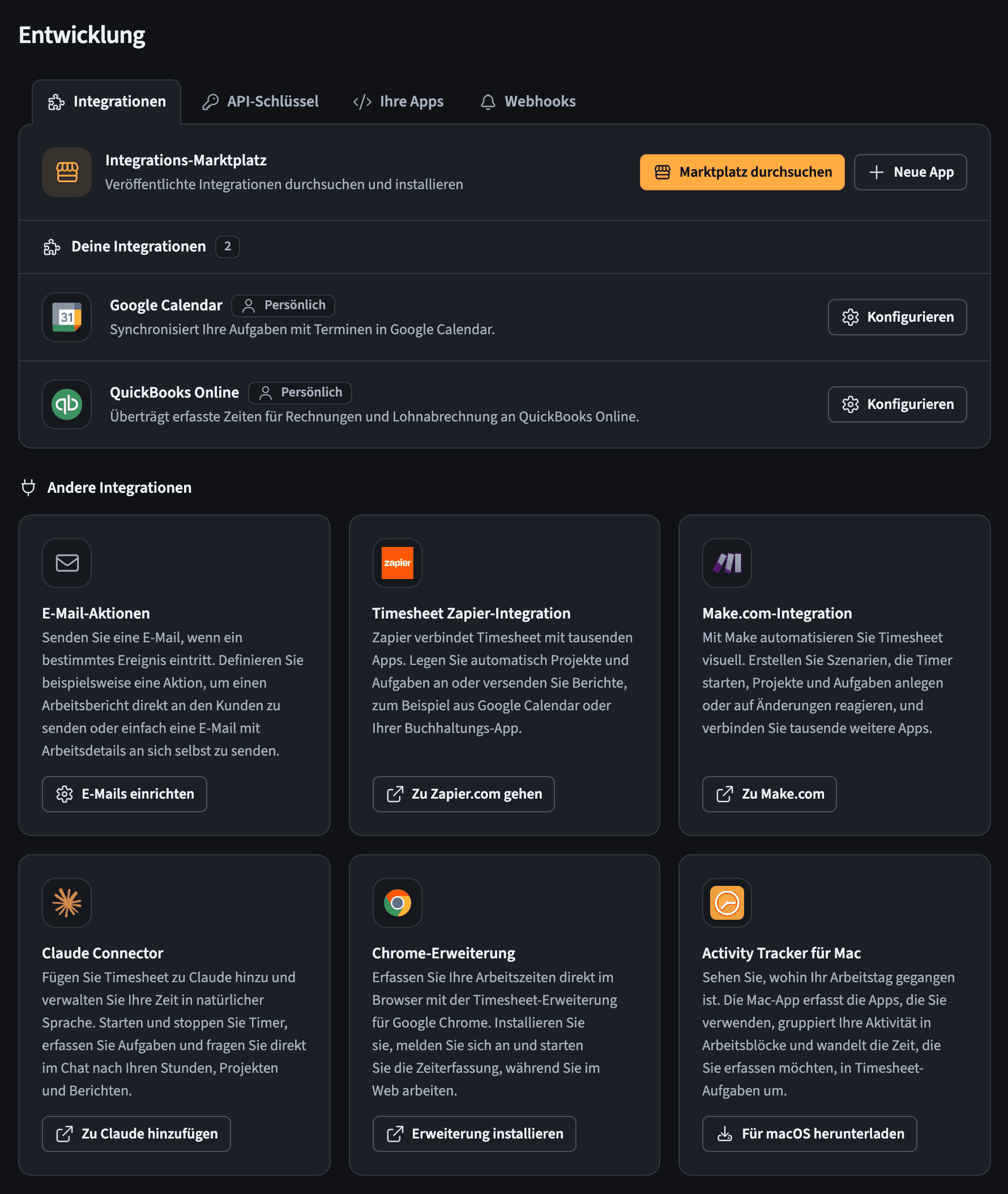 Tab Integrationen mit dem Integrations-Marktplatz, zwei installierten Integrationen und anderen Integrationen