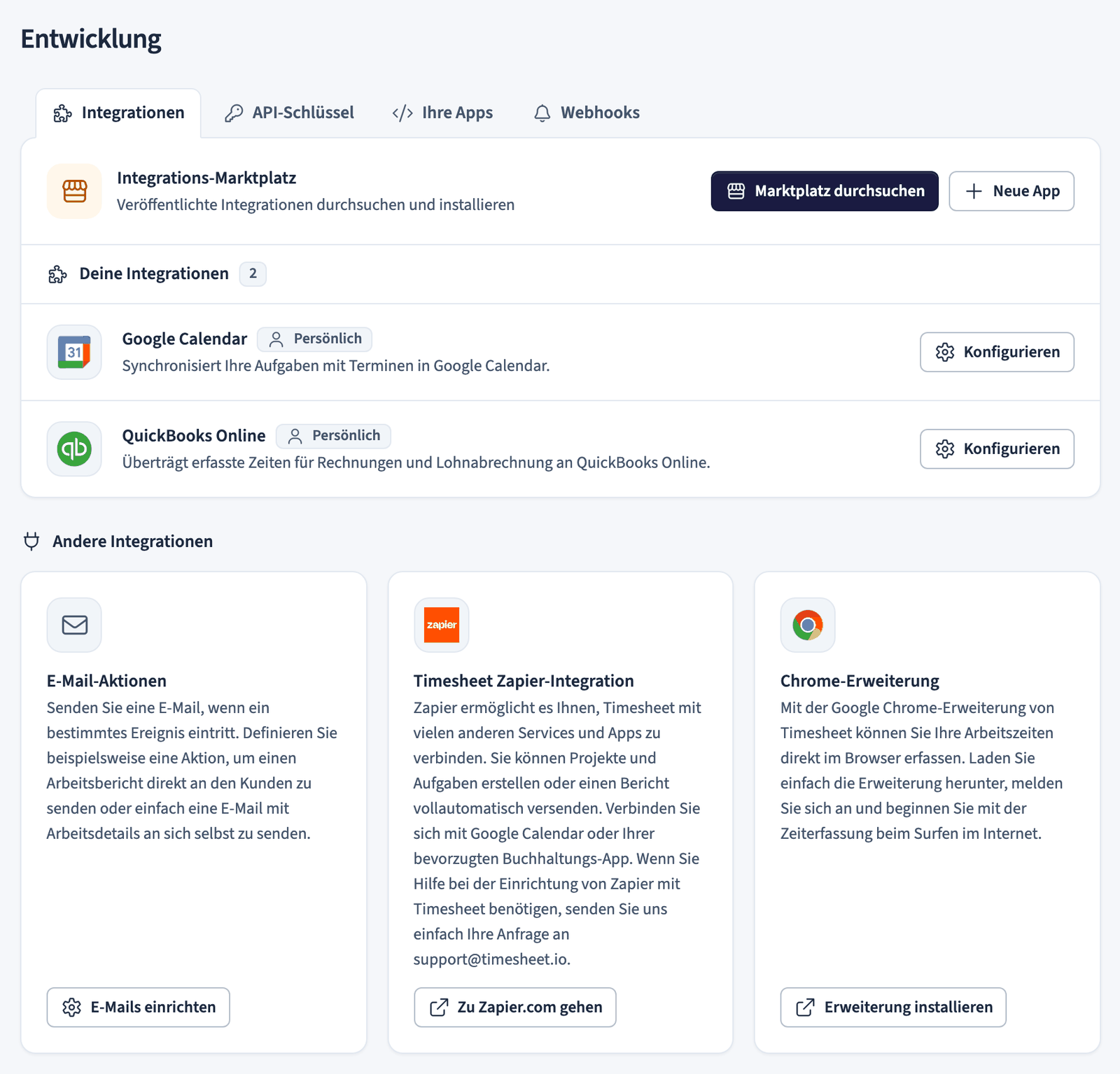 Tab Integrationen mit dem Integrations-Marktplatz, zwei installierten Integrationen und anderen Integrationen