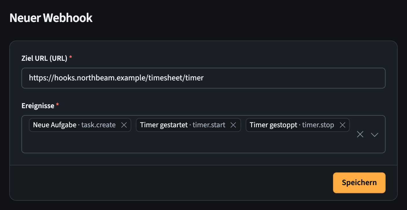 Formular für einen neuen Webhook mit einer Ziel-URL und ausgewählten Ereignissen