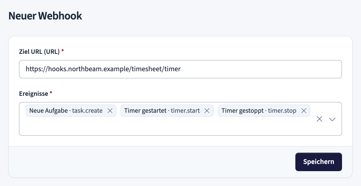 Formular für einen neuen Webhook mit einer Ziel-URL und ausgewählten Ereignissen