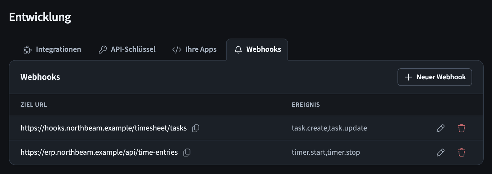 Tab Webhooks mit zwei Webhooks, ihrer Ziel-URL und ihren Ereignissen