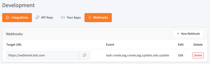 Webhooks tab listing a webhook and its events