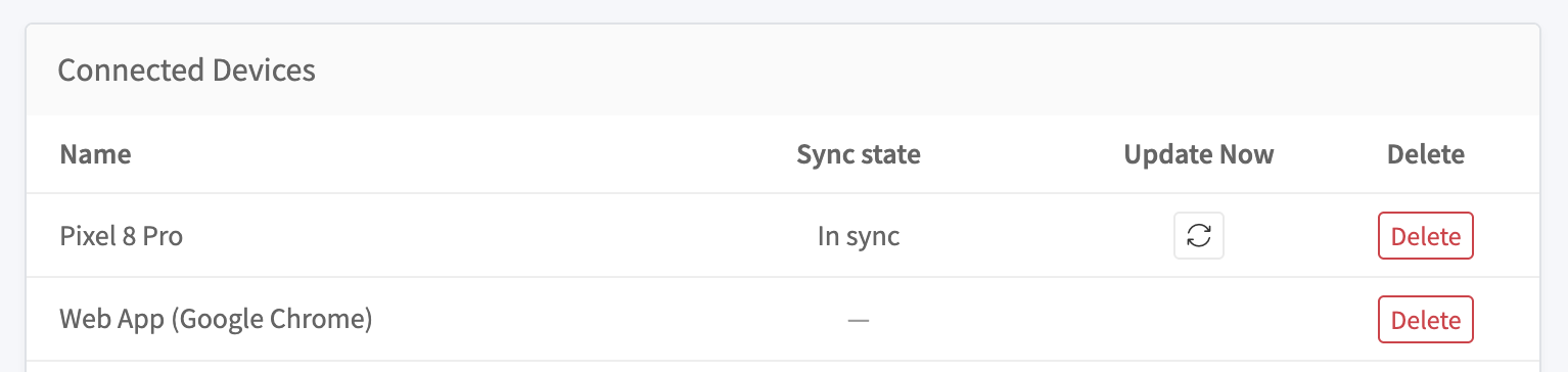 Connected devices list with sync state and delete actions