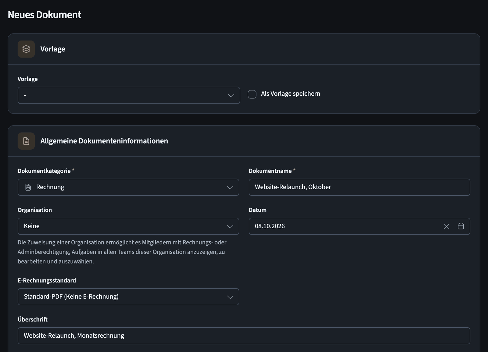 Formular Neues Dokument mit den Abschnitten für Vorlage und allgemeine Informationen