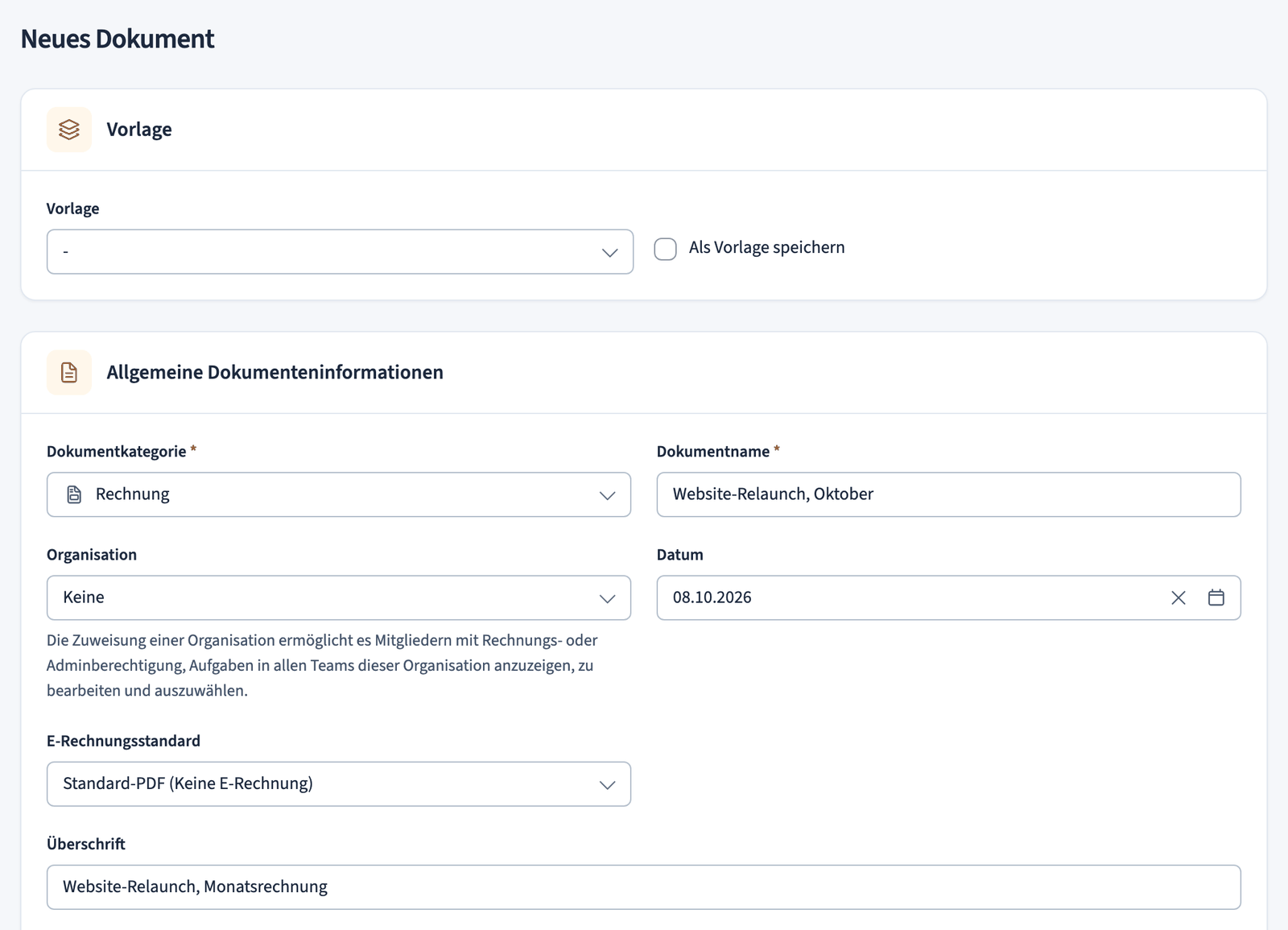 Formular Neues Dokument mit den Abschnitten für Vorlage und allgemeine Informationen