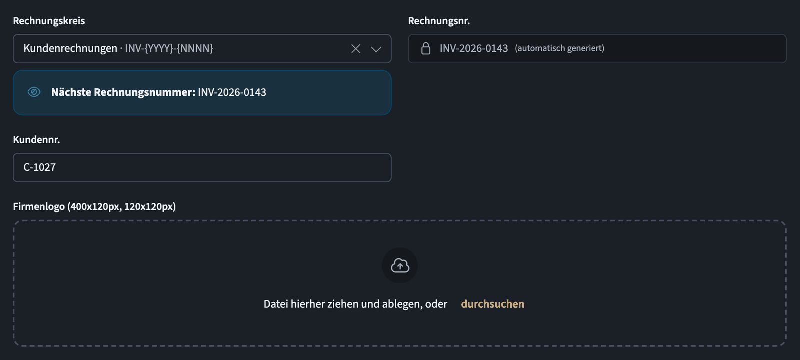Formular Neues Dokument mit Rechnungskreis, Nummern, Kundenreferenz und Logo-Upload