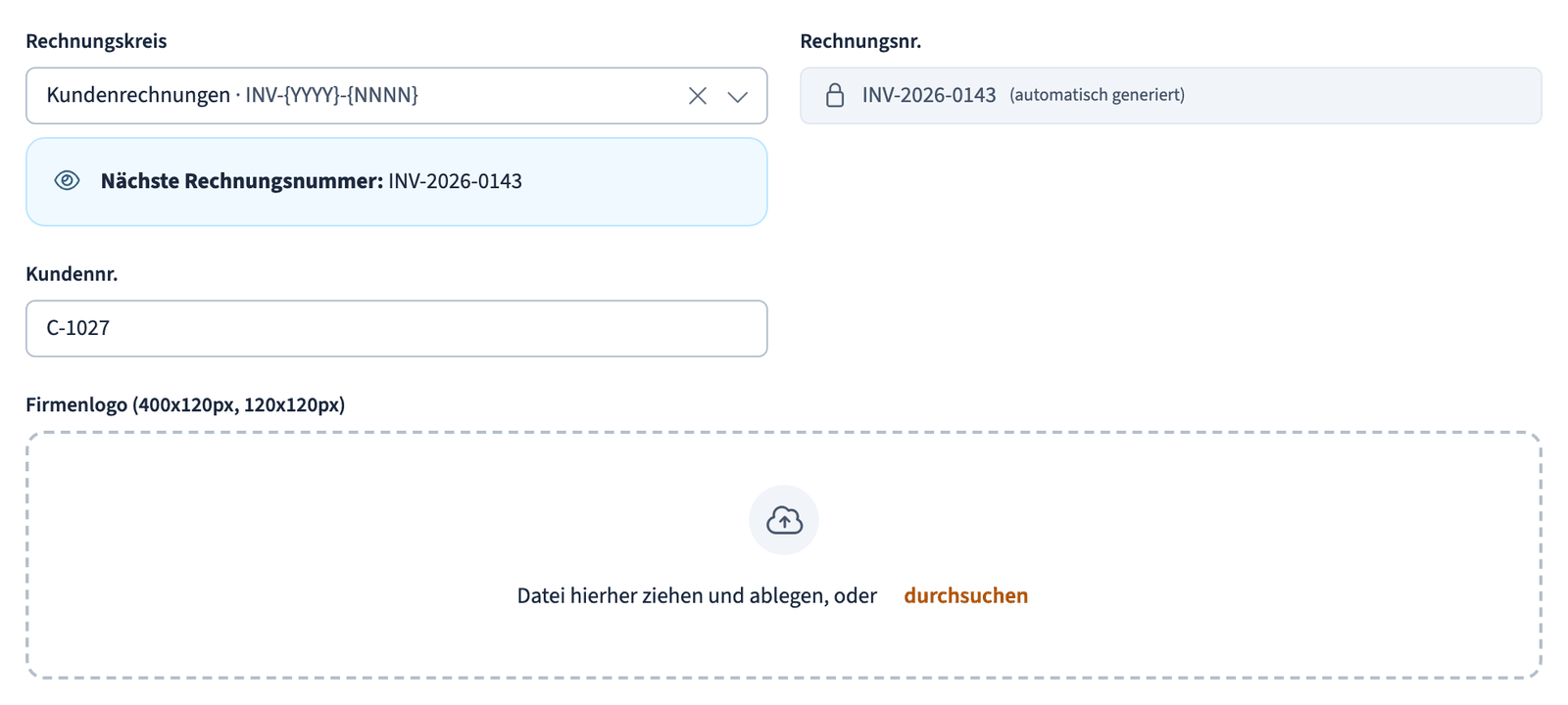 Formular Neues Dokument mit Rechnungskreis, Nummern, Kundenreferenz und Logo-Upload