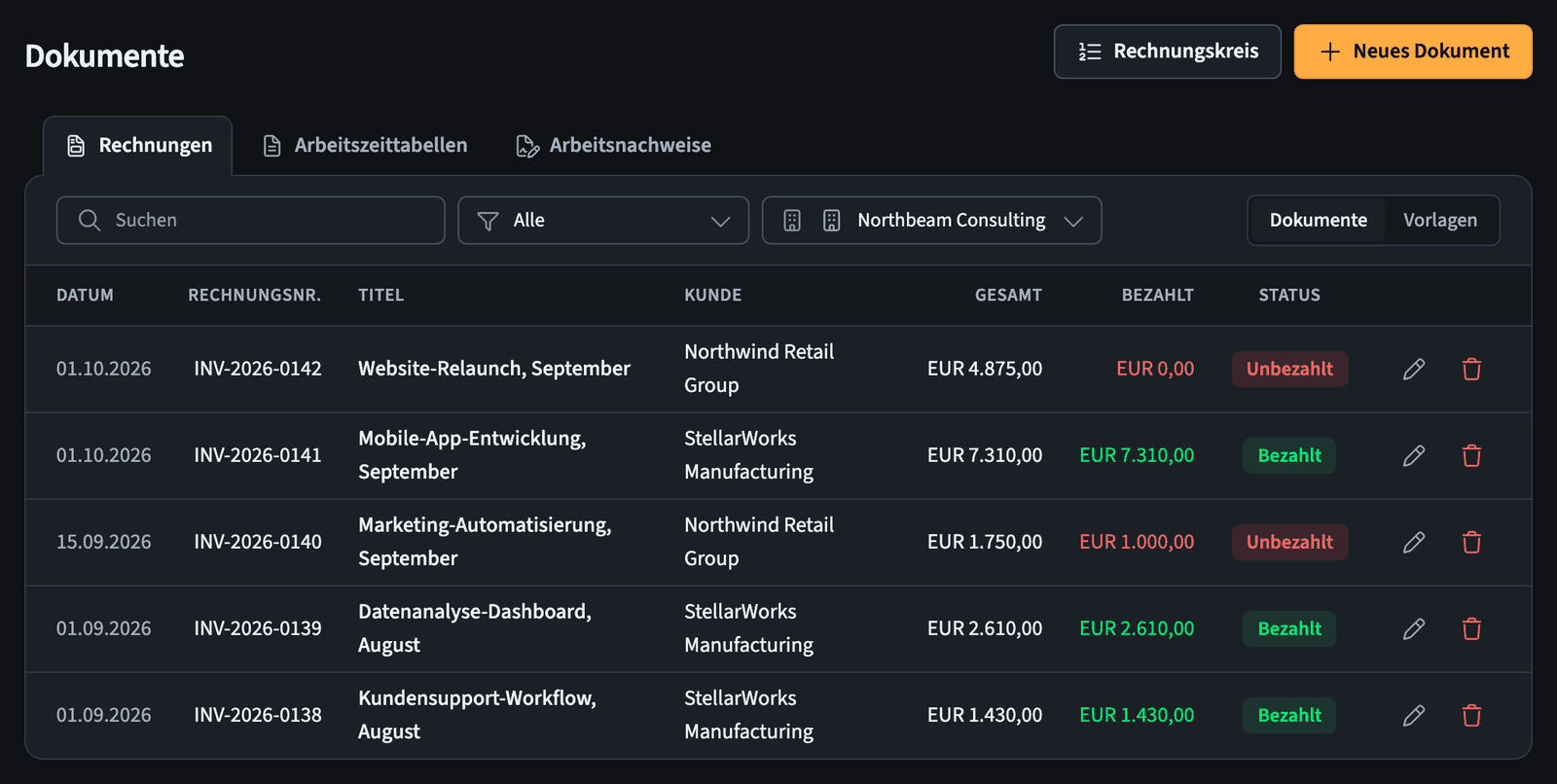 Dokumentliste mit den Tabs Rechnungen, Arbeitszeittabellen und Arbeitsnachweise