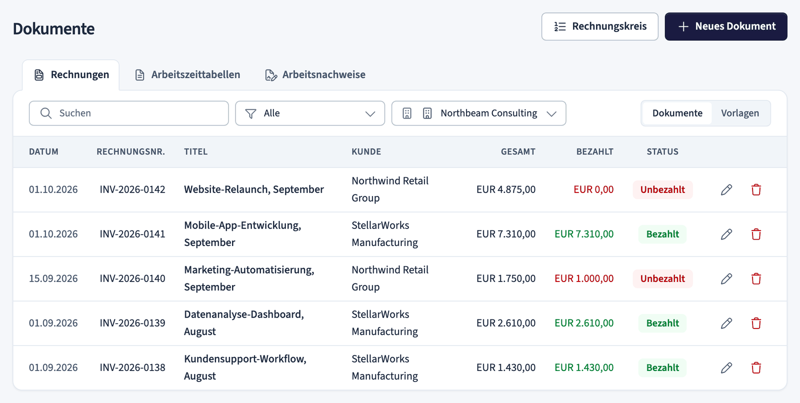 Dokumentliste mit den Tabs Rechnungen, Arbeitszeittabellen und Arbeitsnachweise