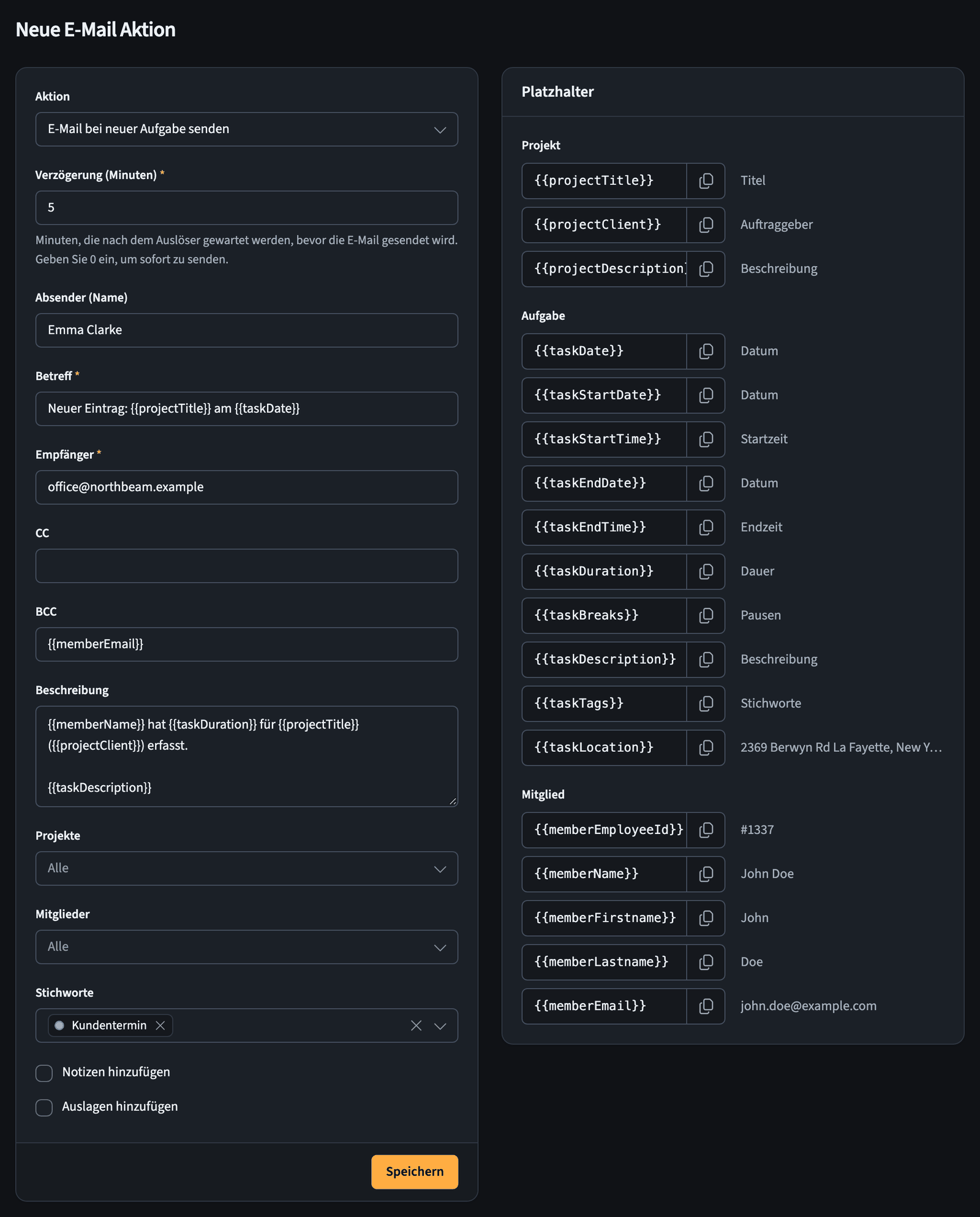 Formular für eine neue E-Mail-Aktion mit Feldern und einer Platzhalterübersicht