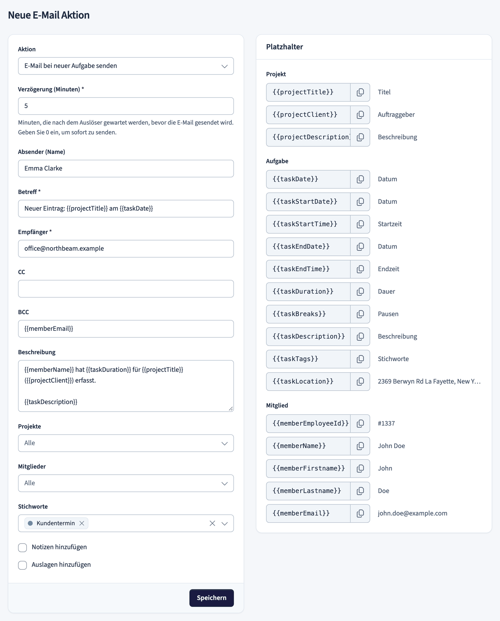 Formular für eine neue E-Mail-Aktion mit Feldern und einer Platzhalterübersicht