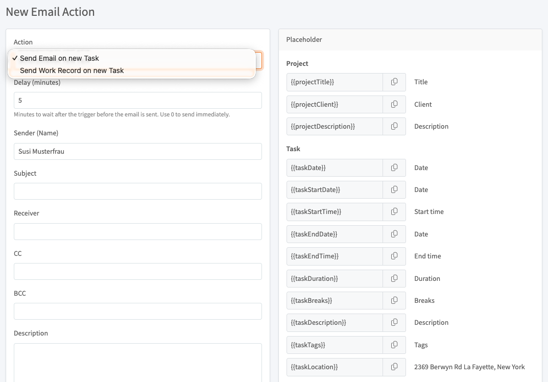 New email action form with fields and a placeholder reference