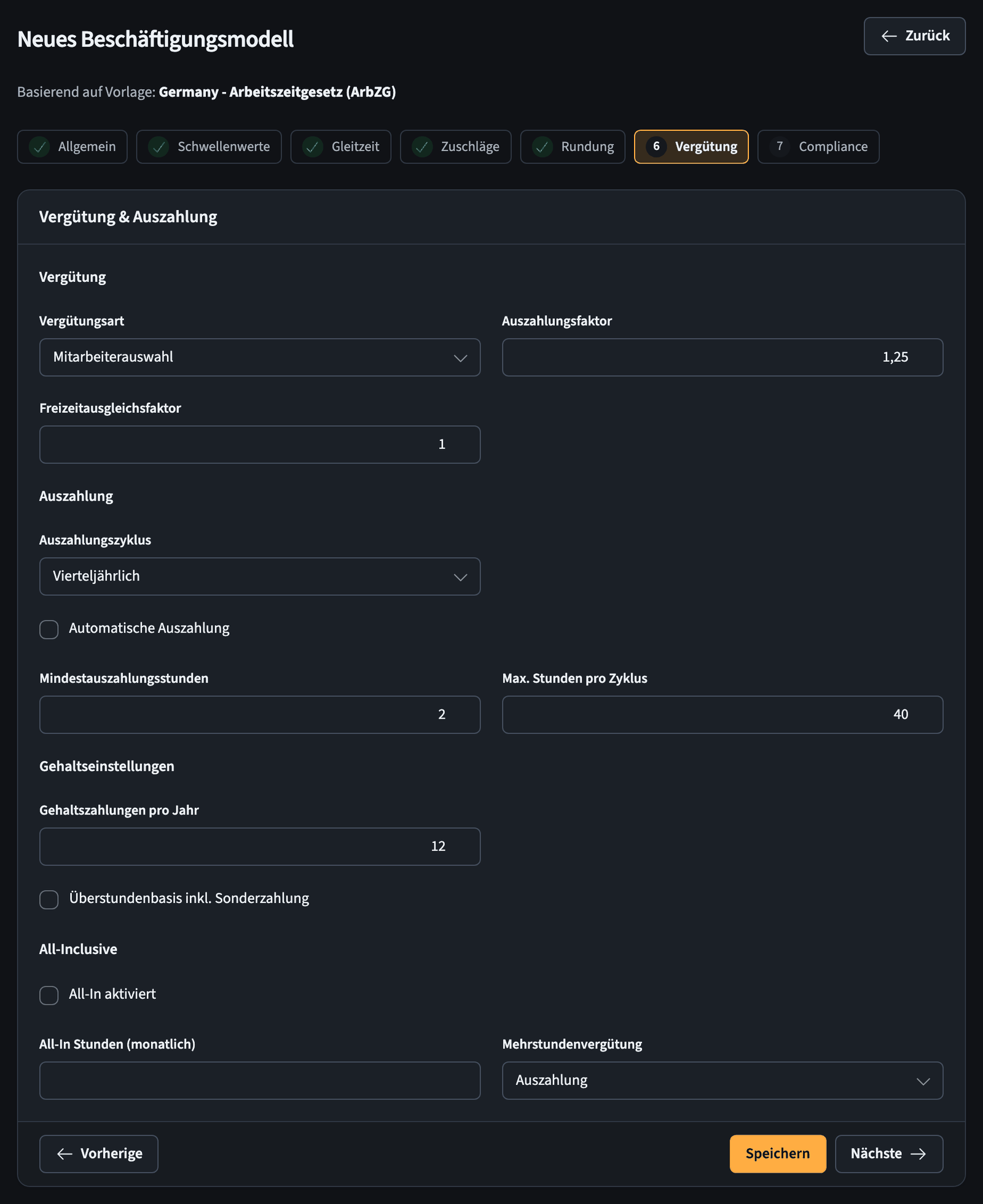 Assistent für Beschäftigungsmodelle, Schritt Ausgleich mit Gehalt und Überstundenauszahlung