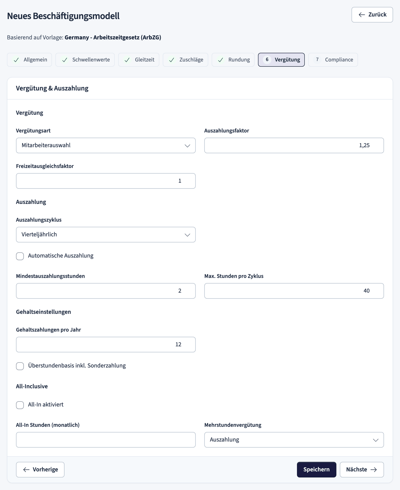 Assistent für Beschäftigungsmodelle, Schritt Ausgleich mit Gehalt und Überstundenauszahlung
