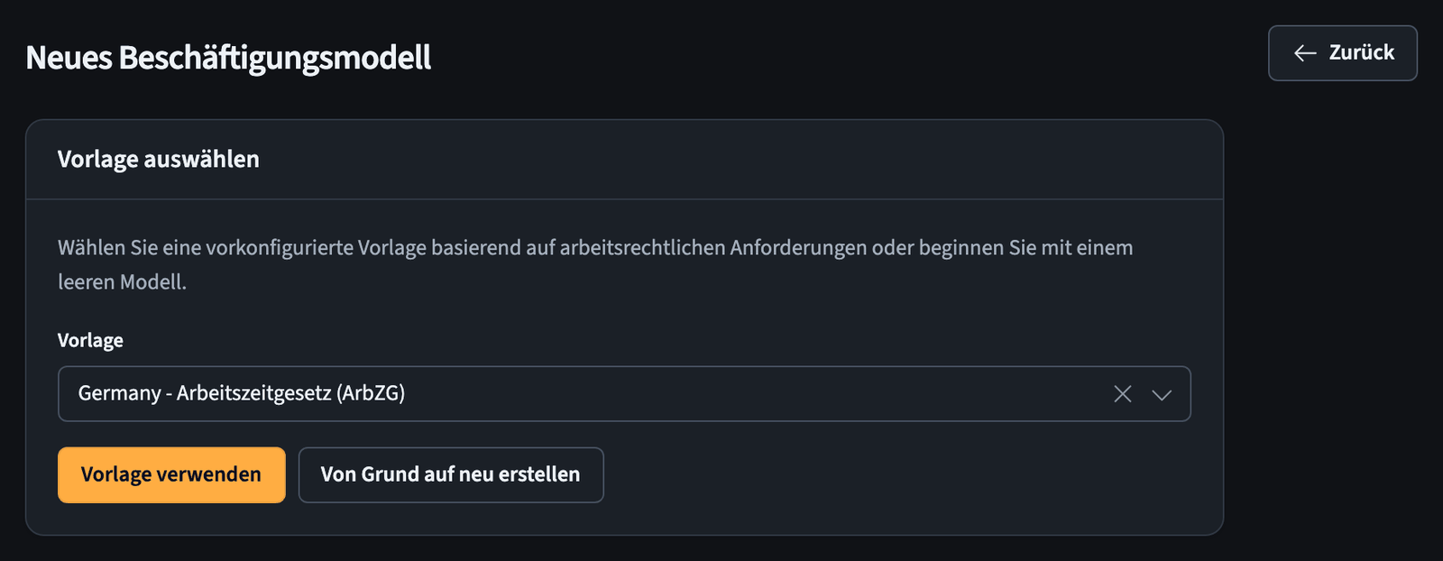 Vorlagenauswahl für neues Beschäftigungsmodell