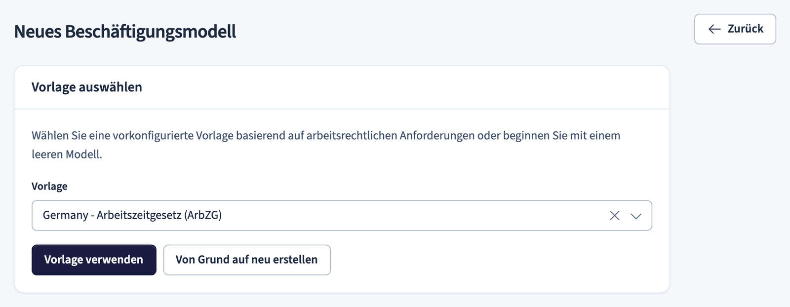Vorlagenauswahl für neues Beschäftigungsmodell