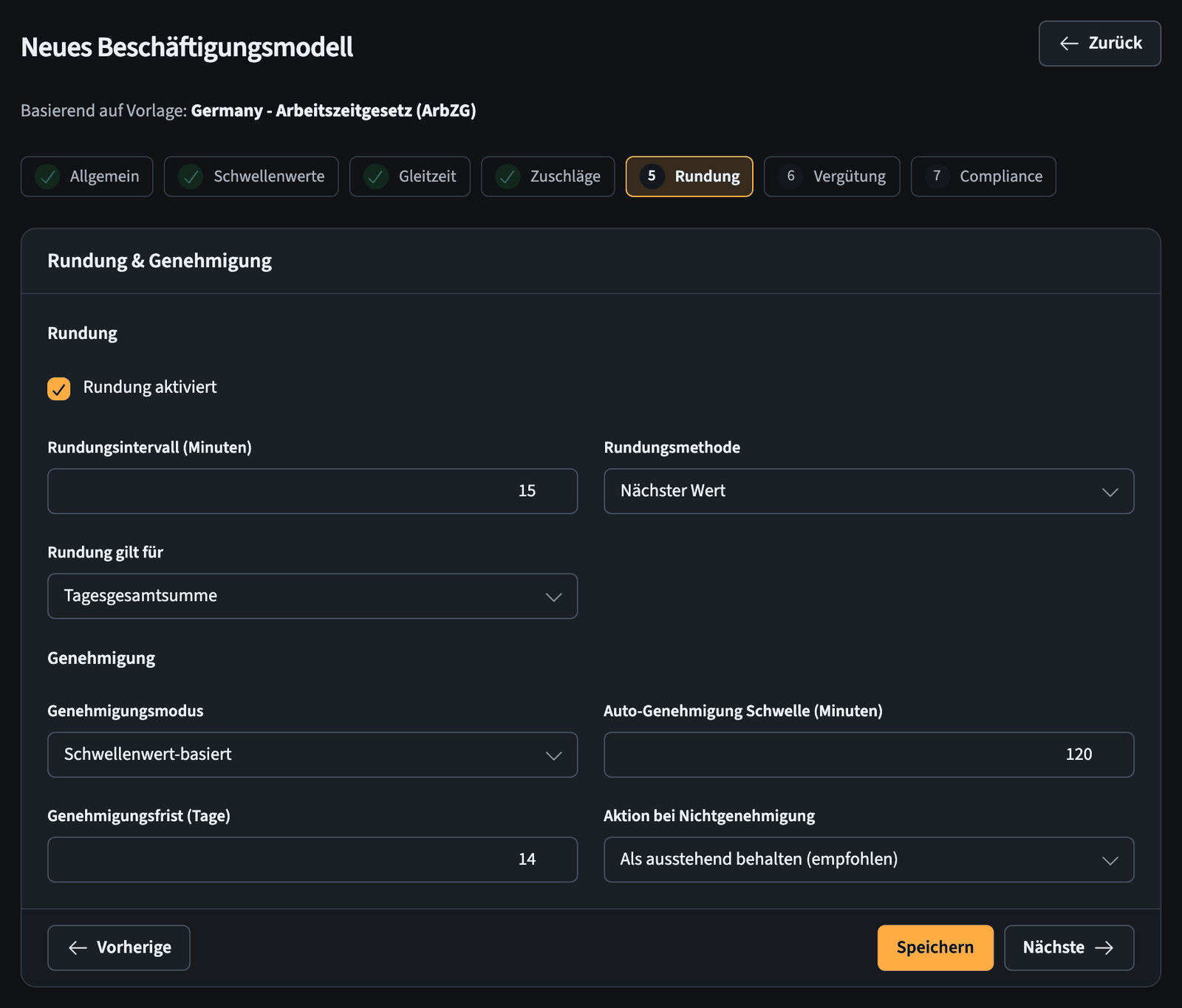 Assistent für Beschäftigungsmodelle, Schritt Rundung und Genehmigung der Stundenzettel