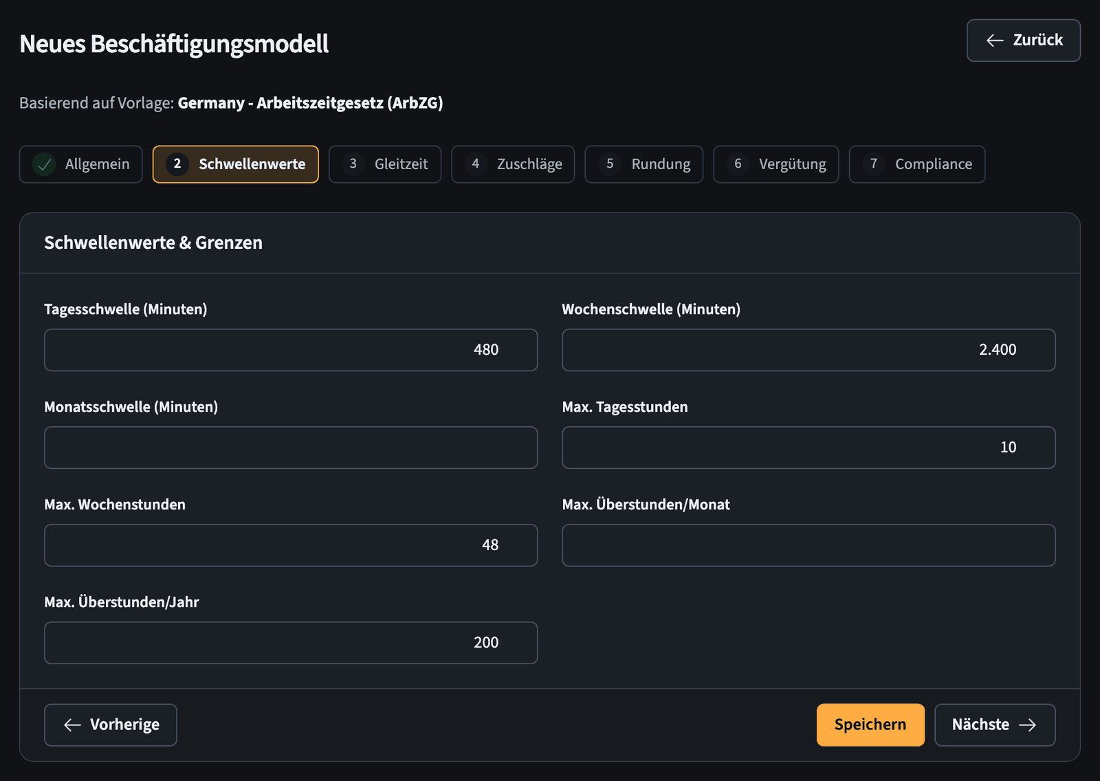 Assistent für Beschäftigungsmodelle, Schritt Schwellenwerte mit Tages- und Wochengrenzen