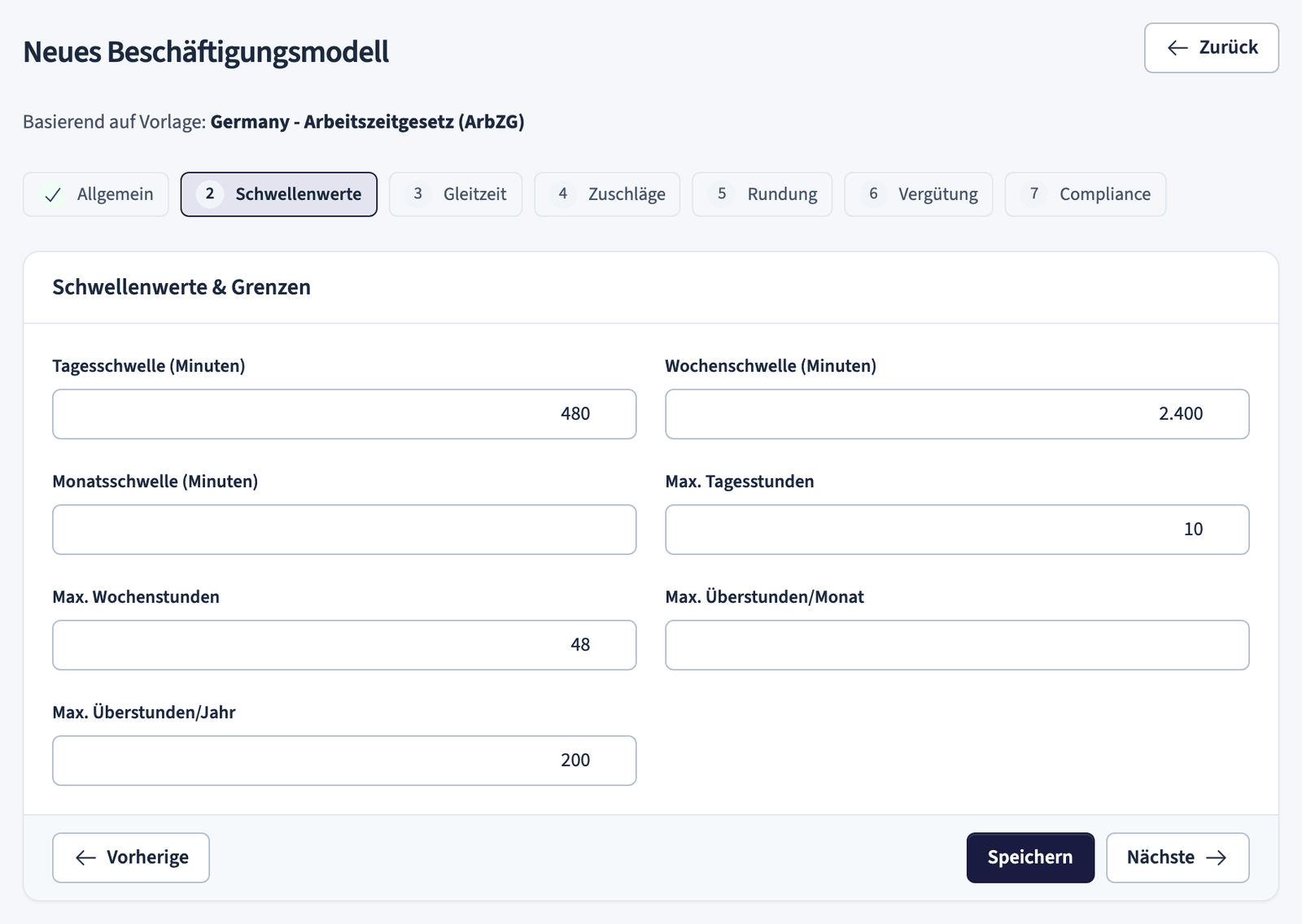 Assistent für Beschäftigungsmodelle, Schritt Schwellenwerte mit Tages- und Wochengrenzen