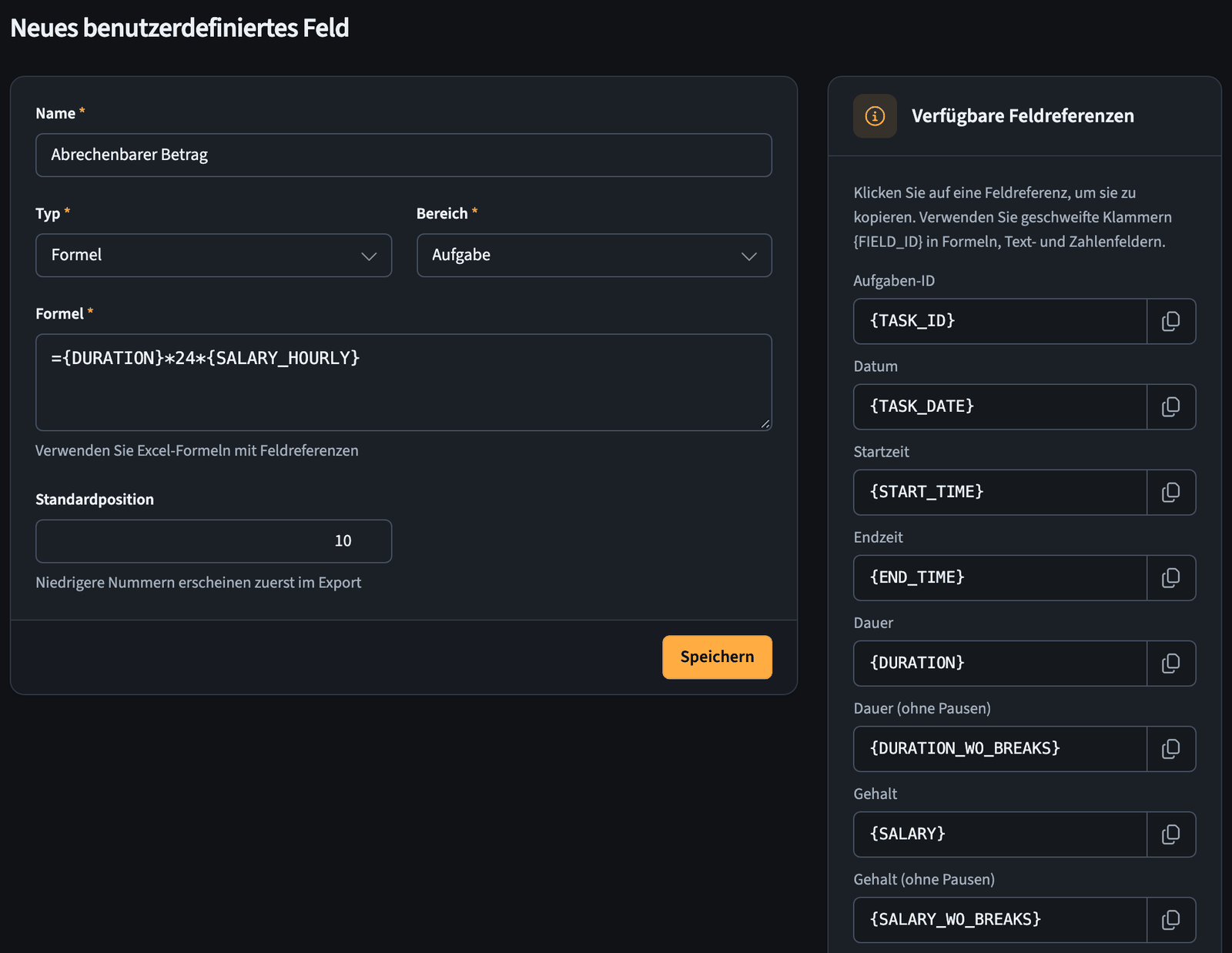 Formular für ein neues benutzerdefiniertes Feld mit den Feldeinstellungen auf der linken und den verfügbaren Feldverweisen auf der rechten Seite