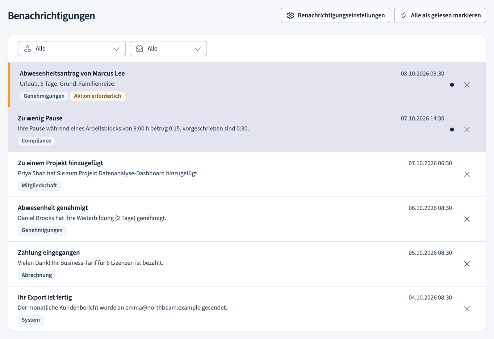 Benachrichtigungsliste mit einem Abwesenheitsantrag, der eine Aktion erfordert, und Meldungen zu Compliance, Projekten, Abrechnung und Exporten