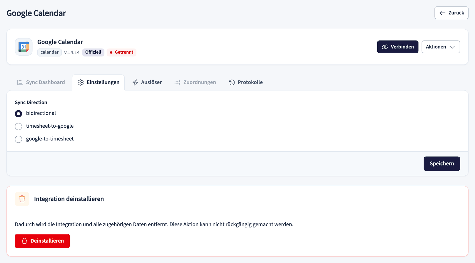 Einstellungen der Google-Calendar-Integration mit Synchronisationsrichtung und Tabs