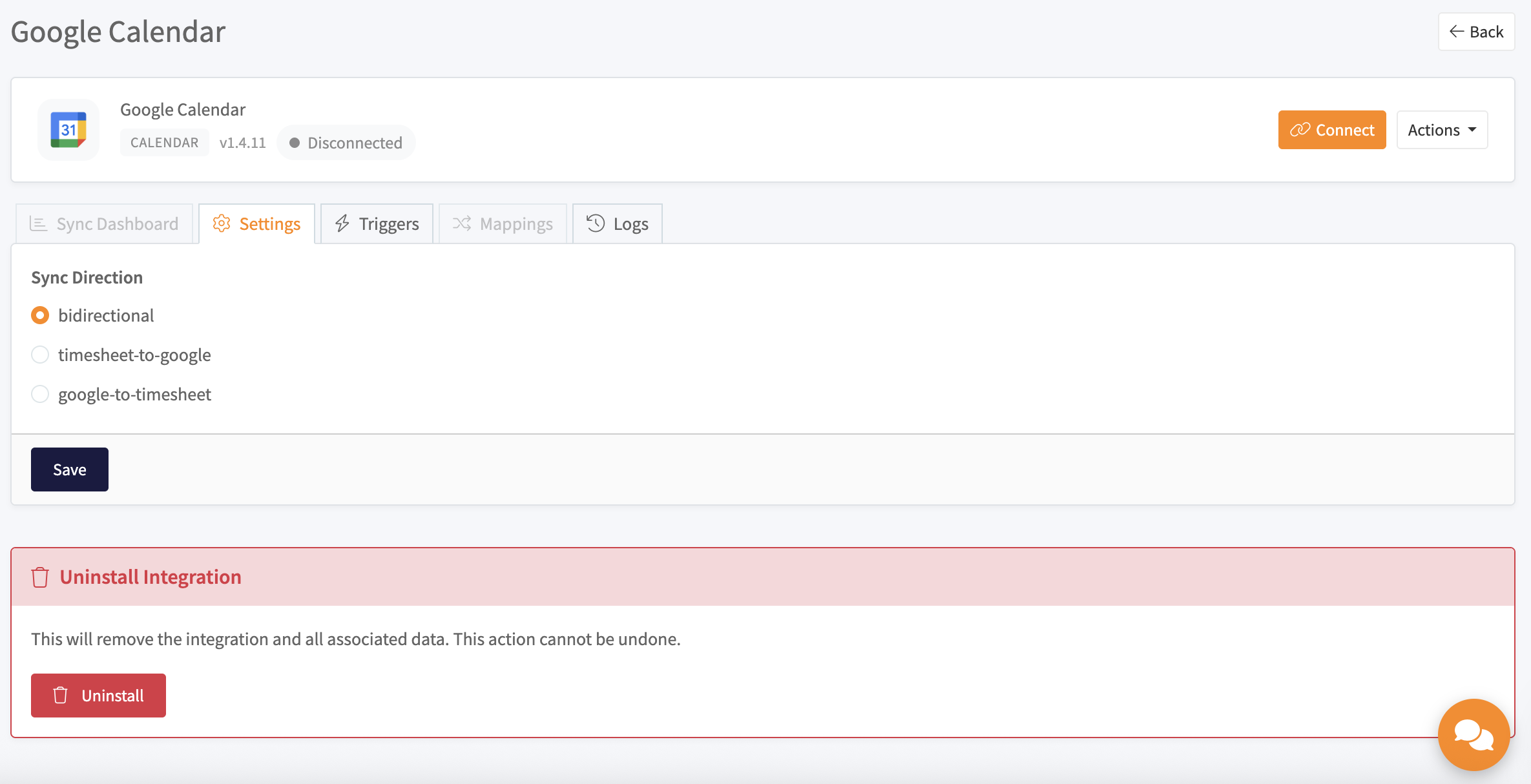 Google Calendar integration settings with sync direction and tabs