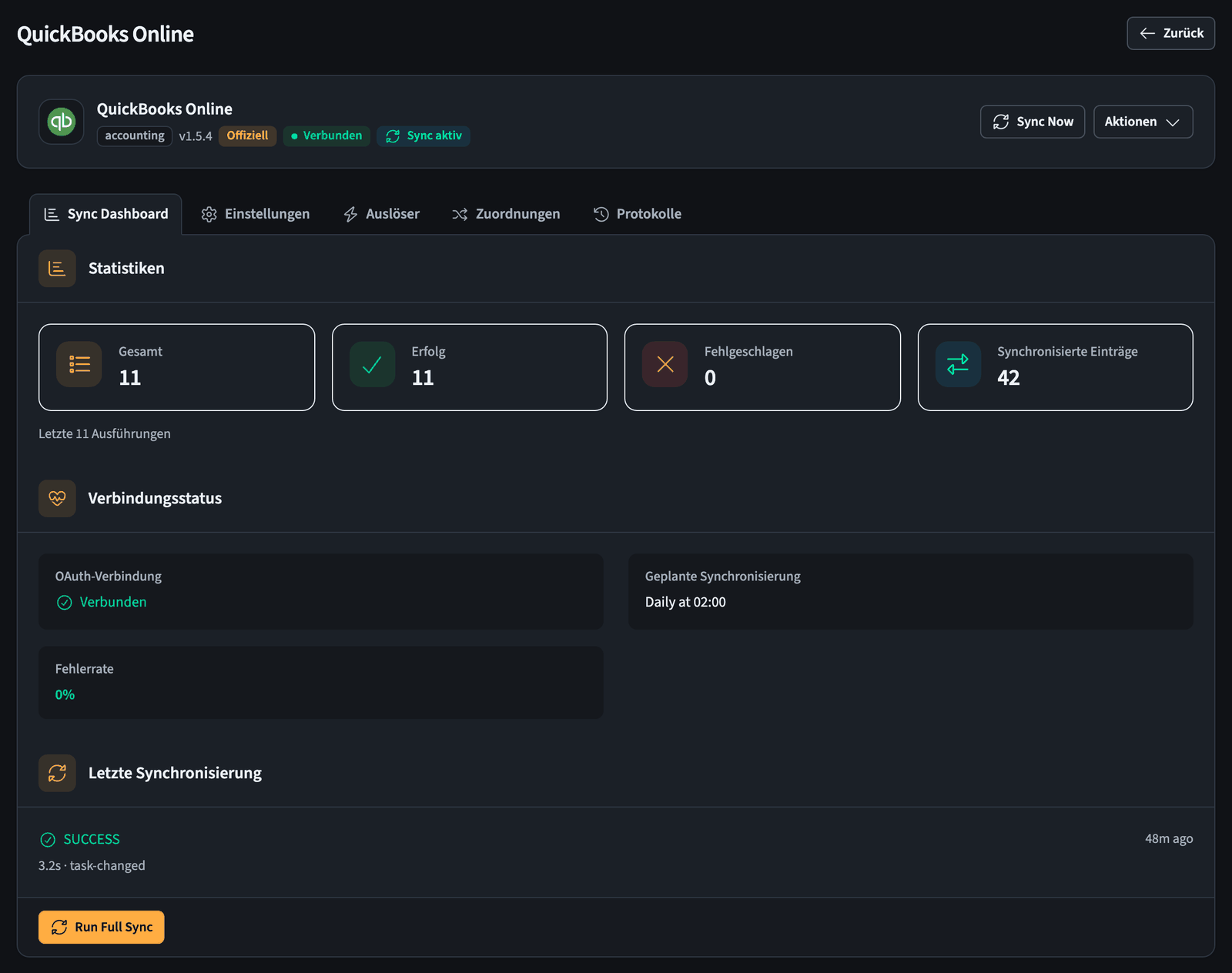 QuickBooks-Integration mit ihrem Sync-Dashboard