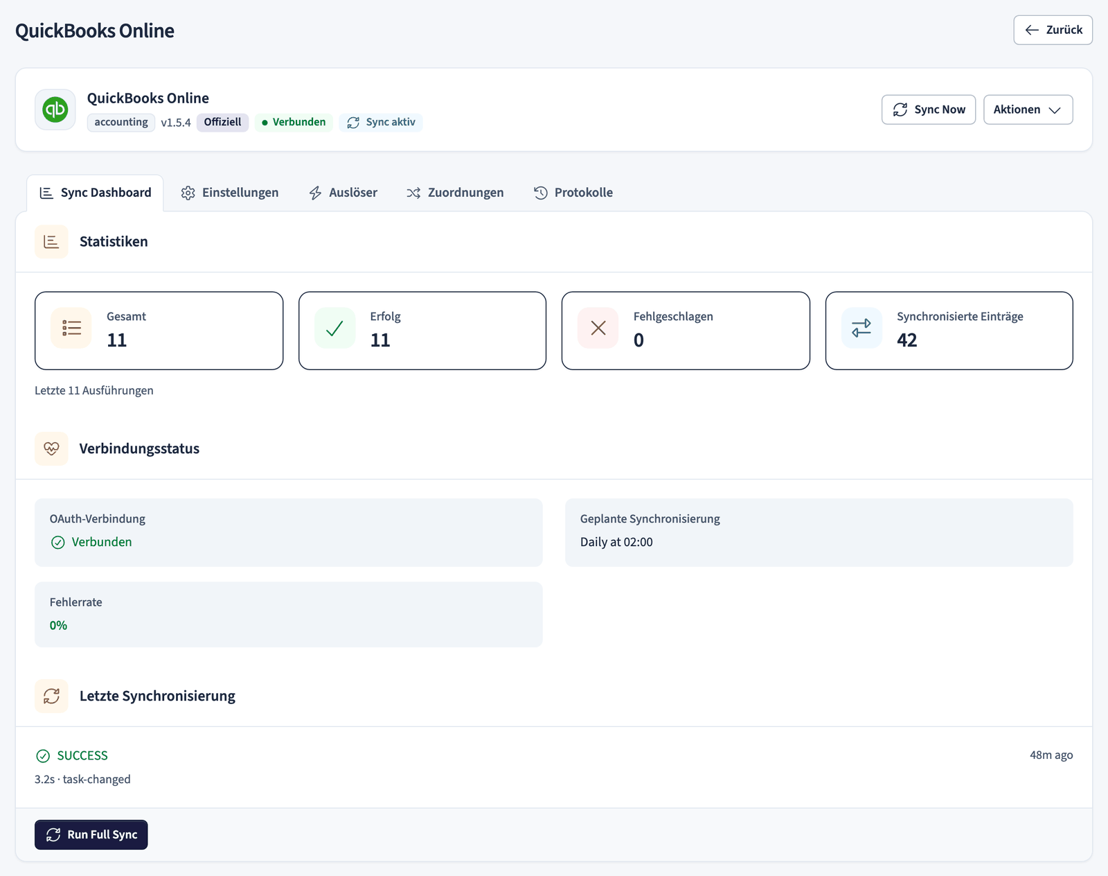 QuickBooks-Integration mit ihrem Sync-Dashboard