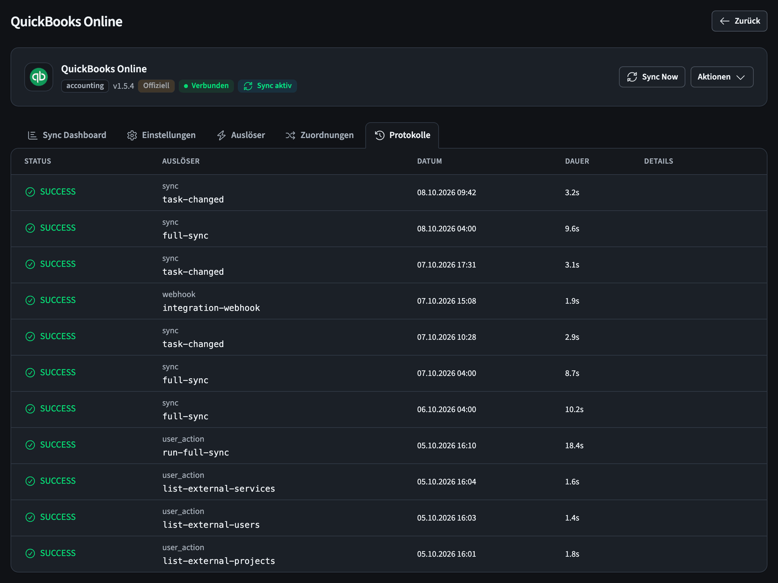 Synchronisierungsprotokoll von QuickBooks mit Status, Auslöser, Datum und Dauer jedes Laufs