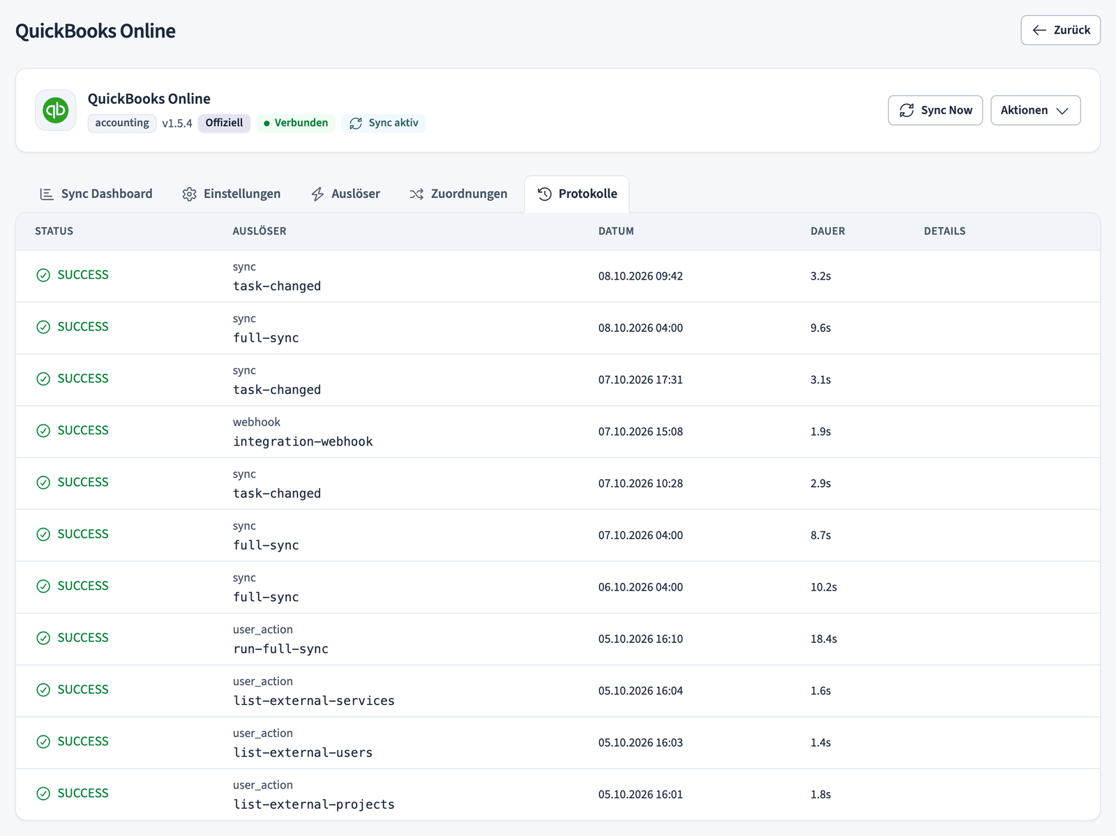 Synchronisierungsprotokoll von QuickBooks mit Status, Auslöser, Datum und Dauer jedes Laufs