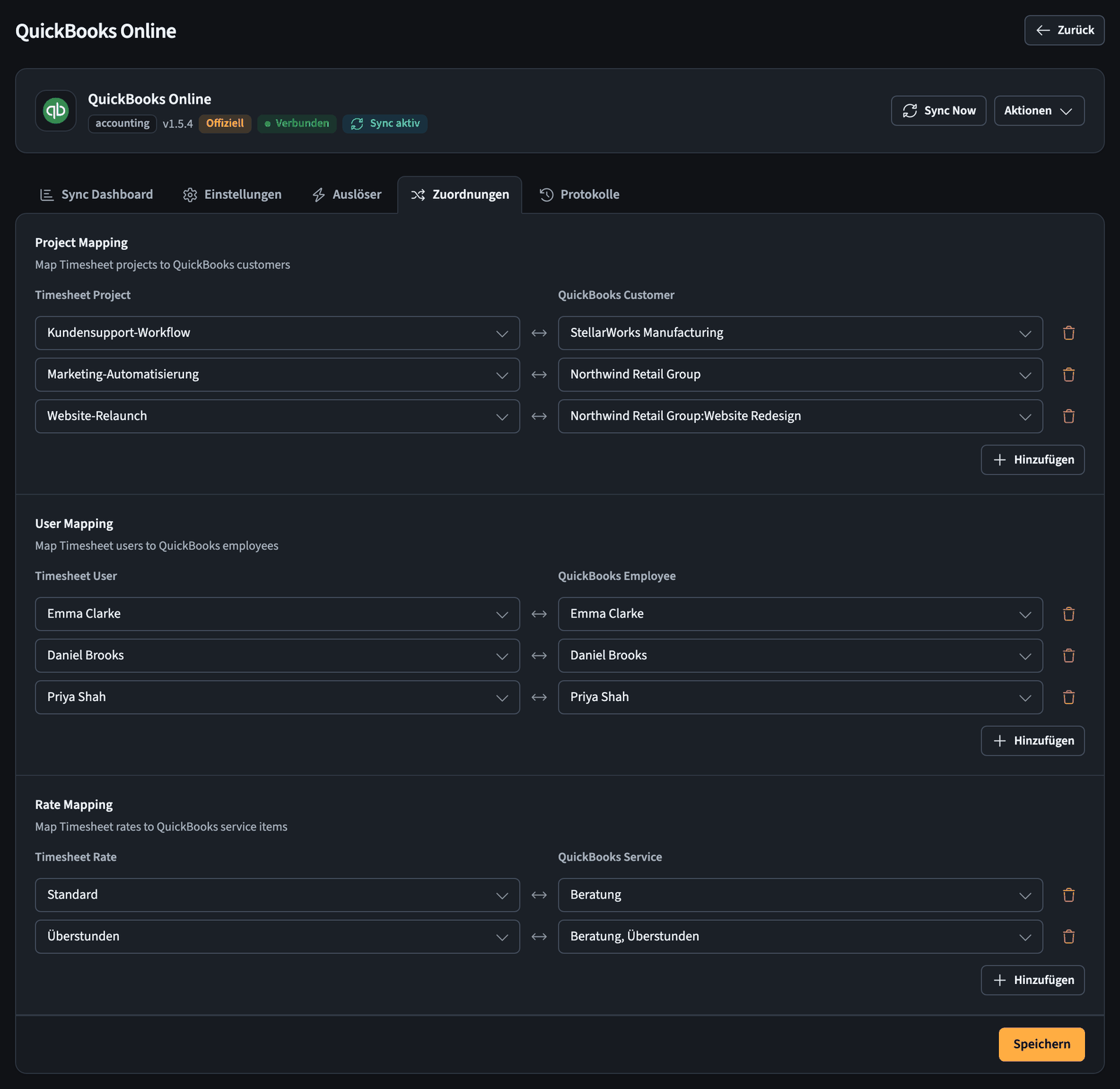 Zuordnung von Timesheet-Projekten, -Benutzern und -Raten zu QuickBooks