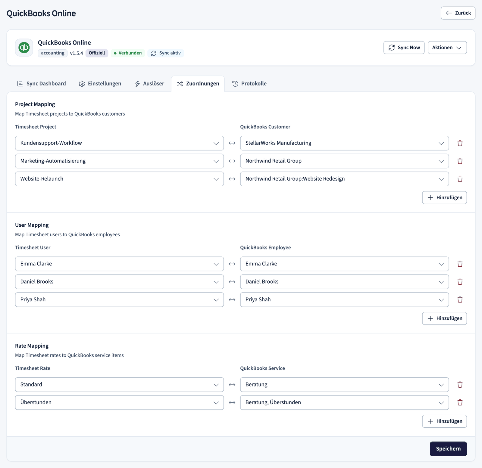 Zuordnung von Timesheet-Projekten, -Benutzern und -Raten zu QuickBooks