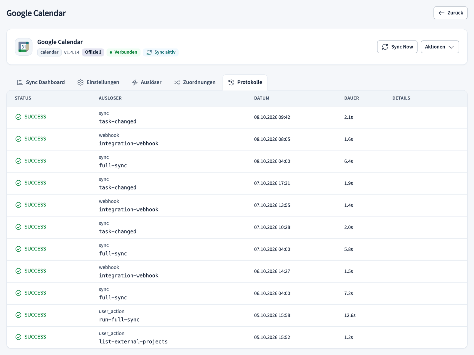 Synchronisierungsprotokoll von Google Calendar mit Status, Auslöser, Datum und Dauer jedes Laufs