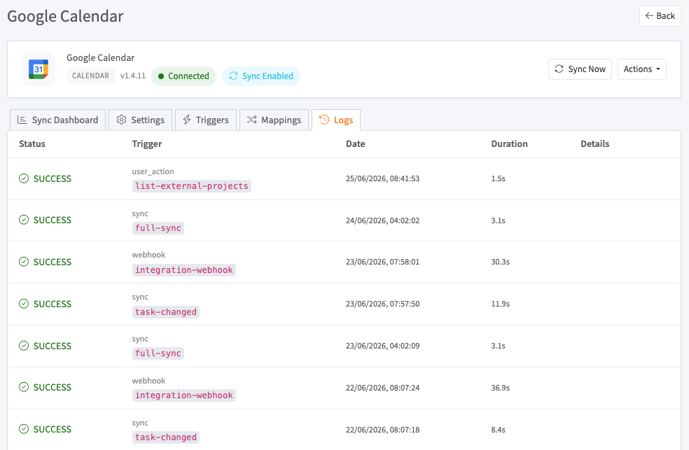 Google Calendar sync logs