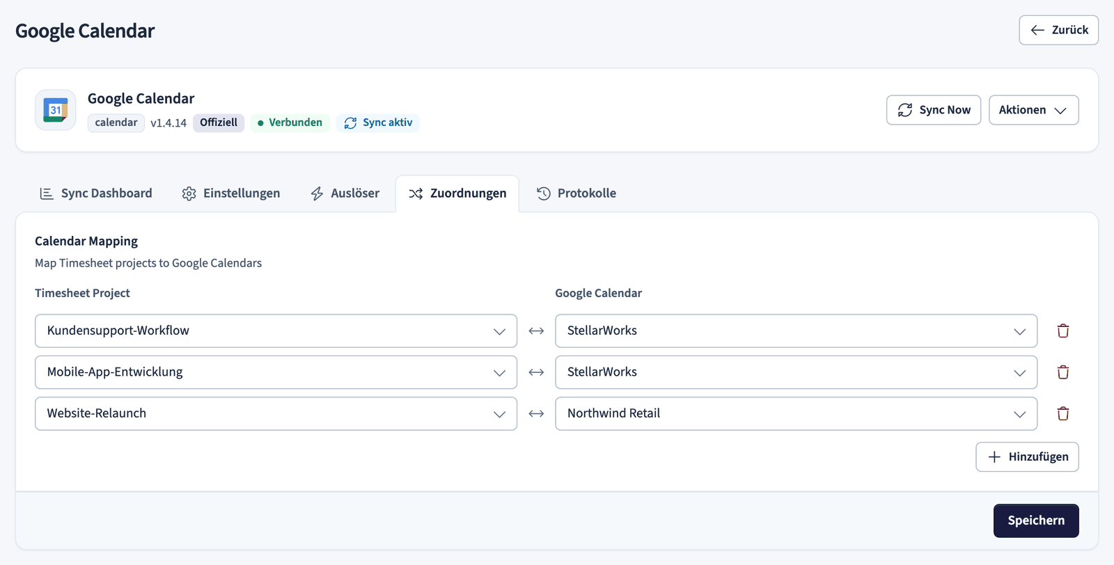 Zuordnung von Timesheet-Projekten zu Google-Kalendern