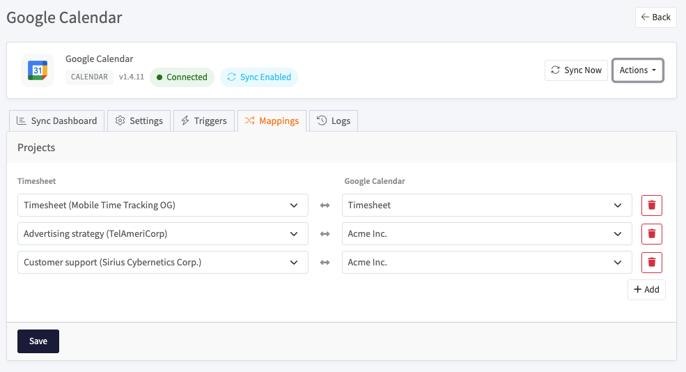Mapping Timesheet projects to Google calendars