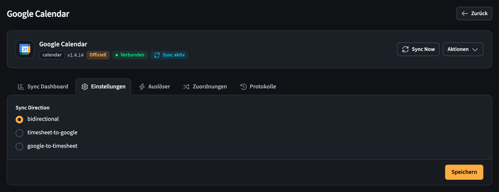 Einstellungen zur Synchronisierungsrichtung für Google Calendar