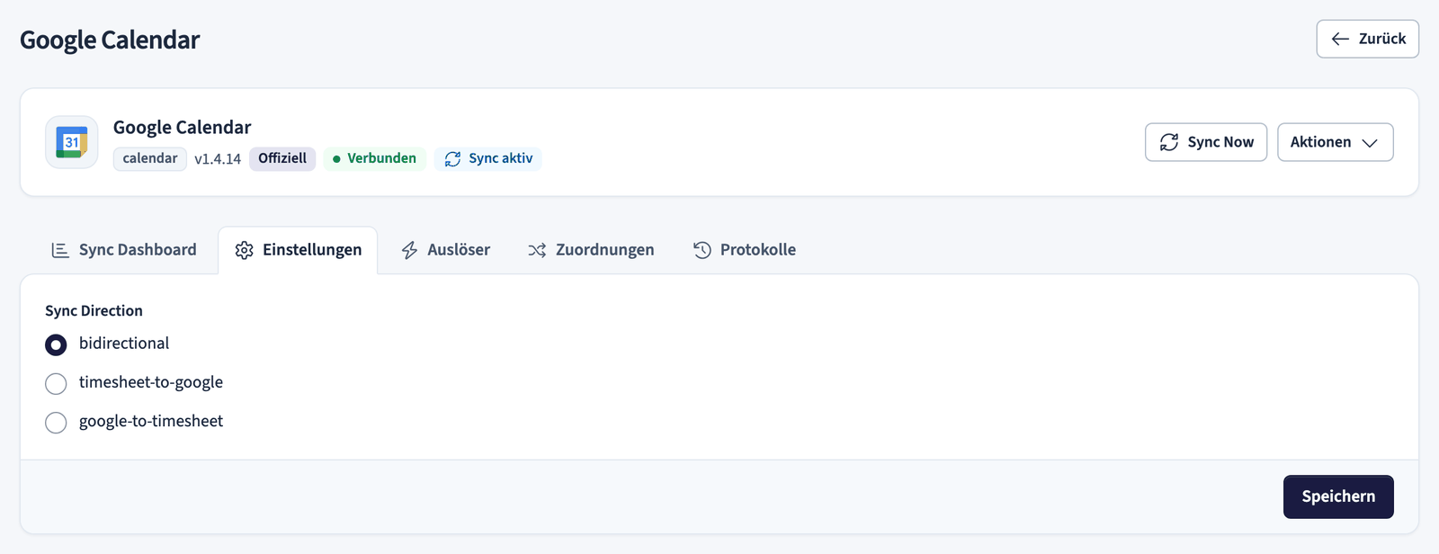 Einstellungen zur Synchronisierungsrichtung für Google Calendar