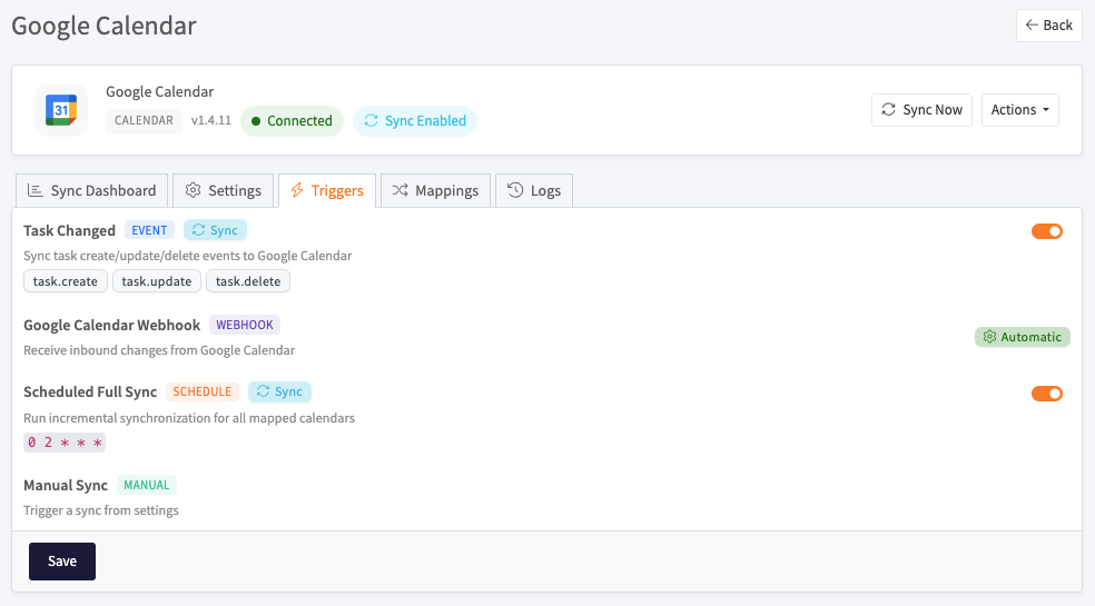Sync triggers for Google Calendar