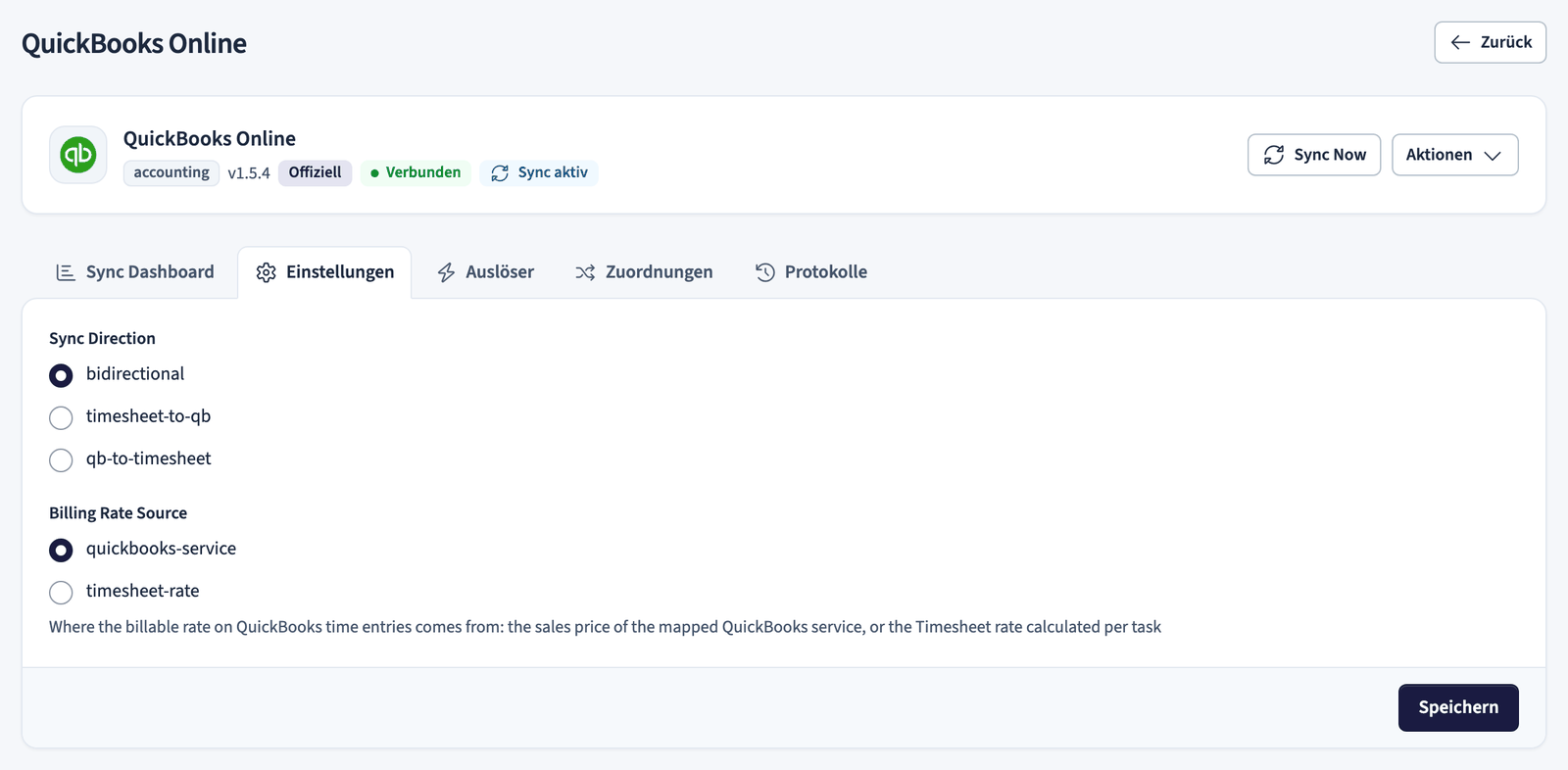 QuickBooks-Einstellungen mit Synchronisierungsrichtung und Quelle des Stundensatzes