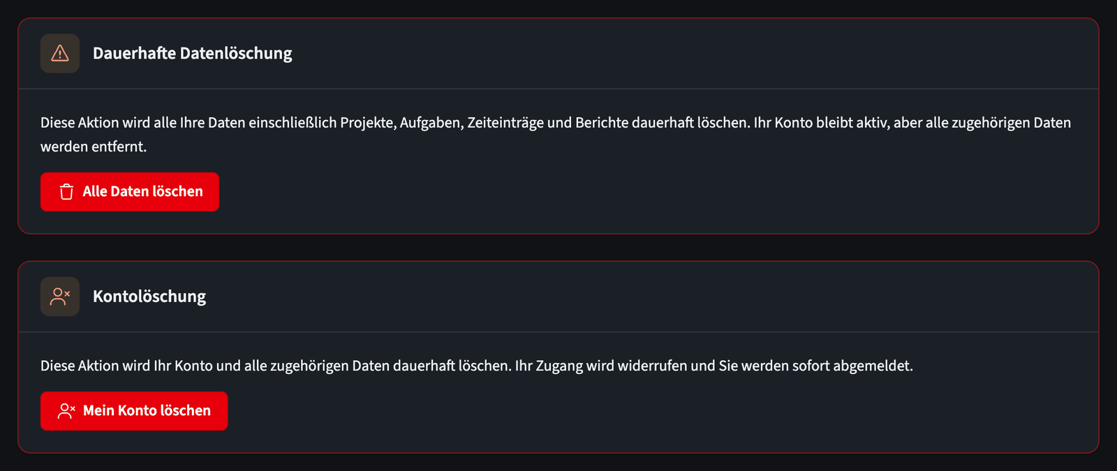 Gefahrenbereich mit Optionen zum Löschen aller Daten oder zum Löschen des Kontos