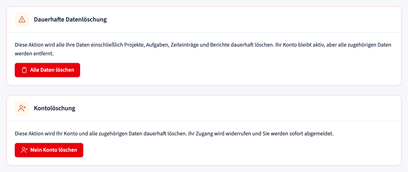 Gefahrenbereich mit Optionen zum Löschen aller Daten oder zum Löschen des Kontos