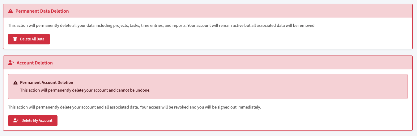 Danger zone with options to delete all data or delete the account
