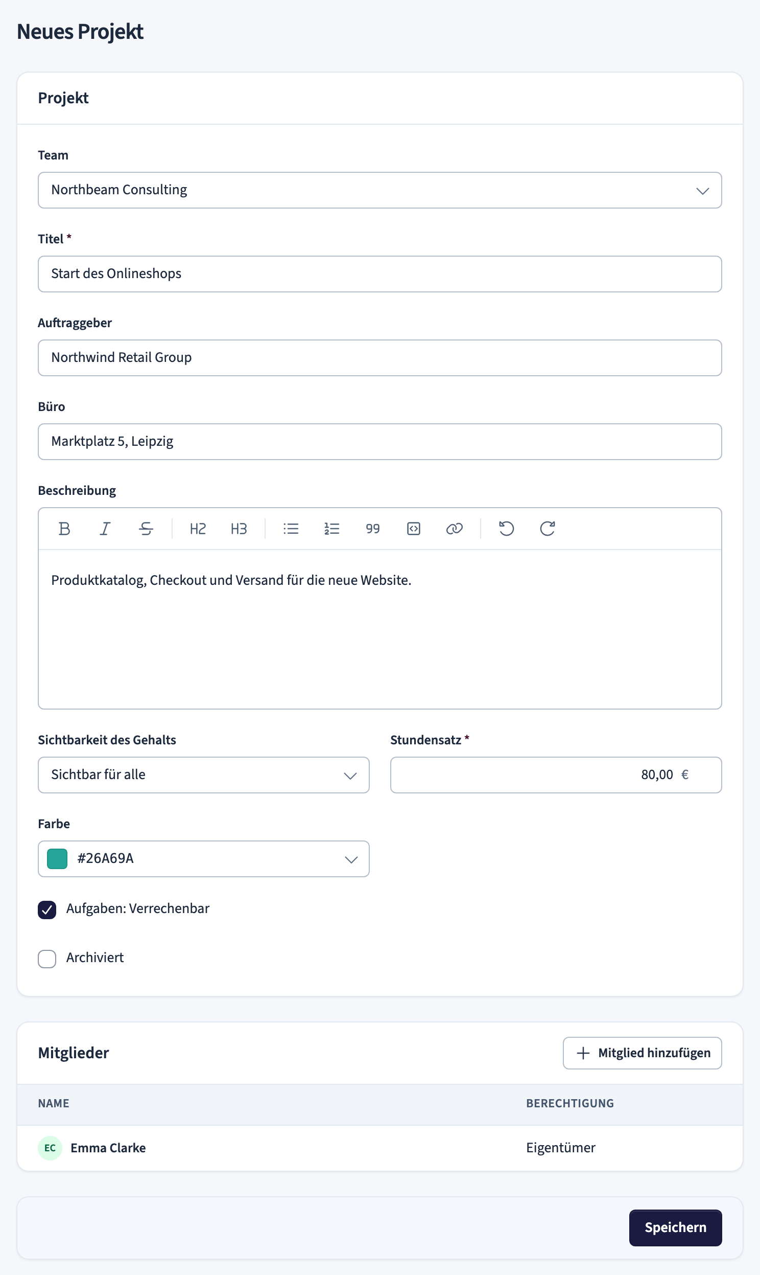Formular für neues Projekt mit Feldern für Titel, Kunde, Gehalt und Farbe