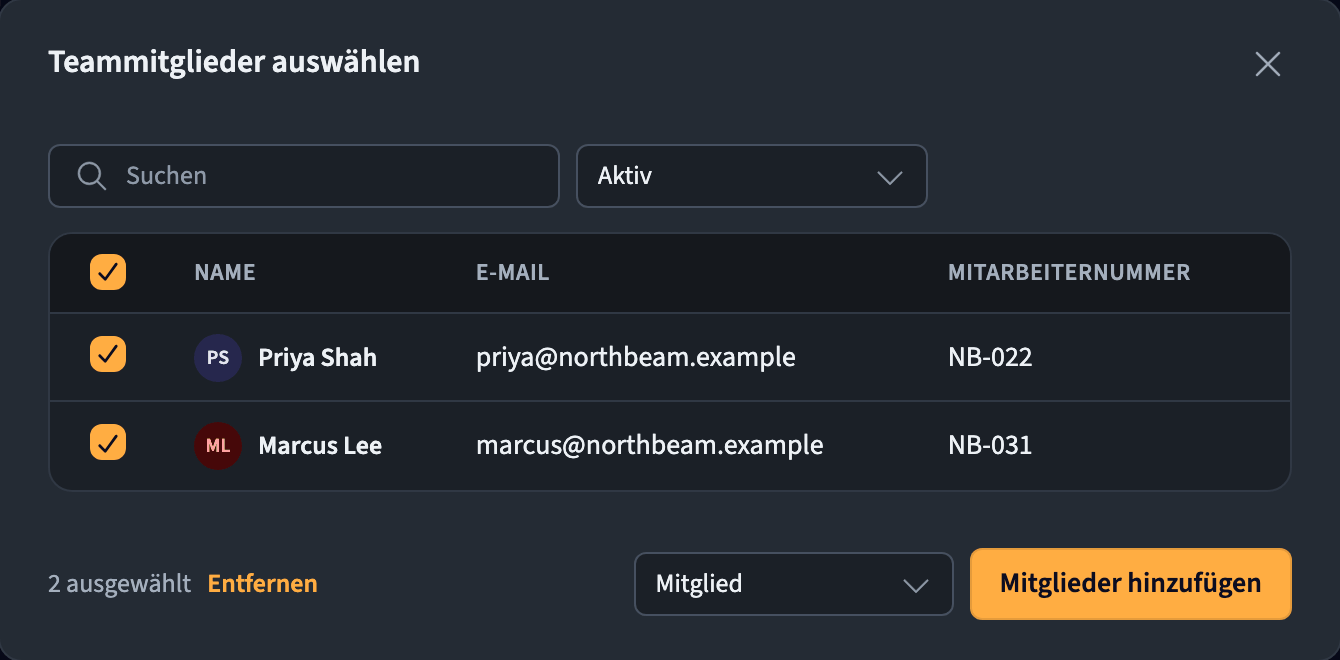 Dialog Teammitglieder auswählen mit Teammitgliedern, einem Dropdown für die Berechtigung und der Schaltfläche Mitglieder hinzufügen